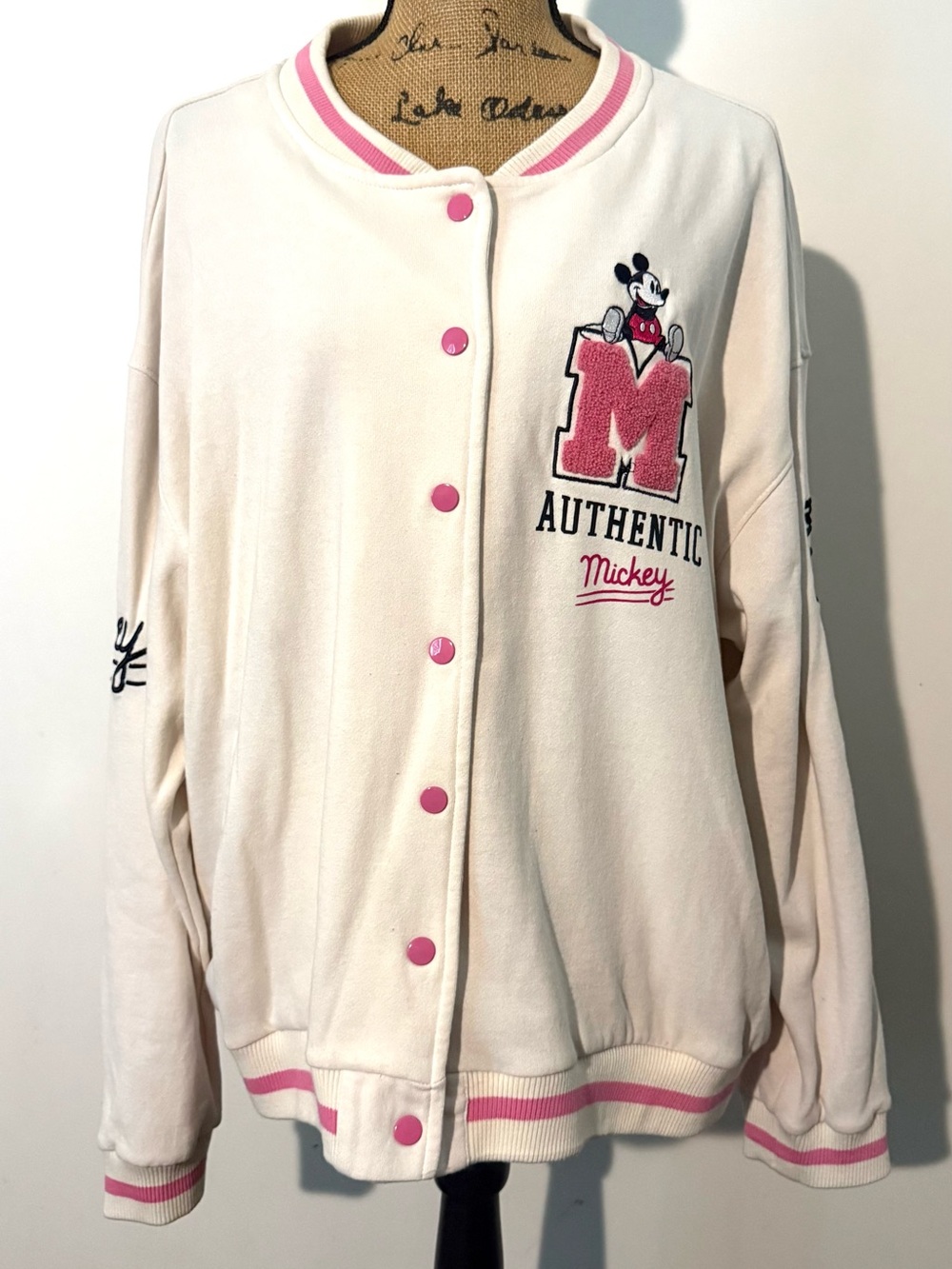 Disney Cream and Pink Mickey Varsity Jacket